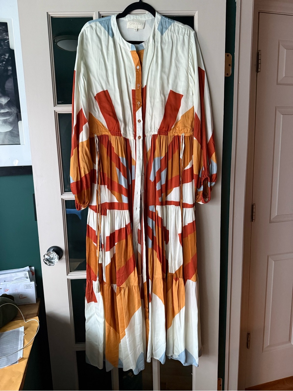 Carolina K Long Button-Front Dress in White with Rust & Mustard Accents